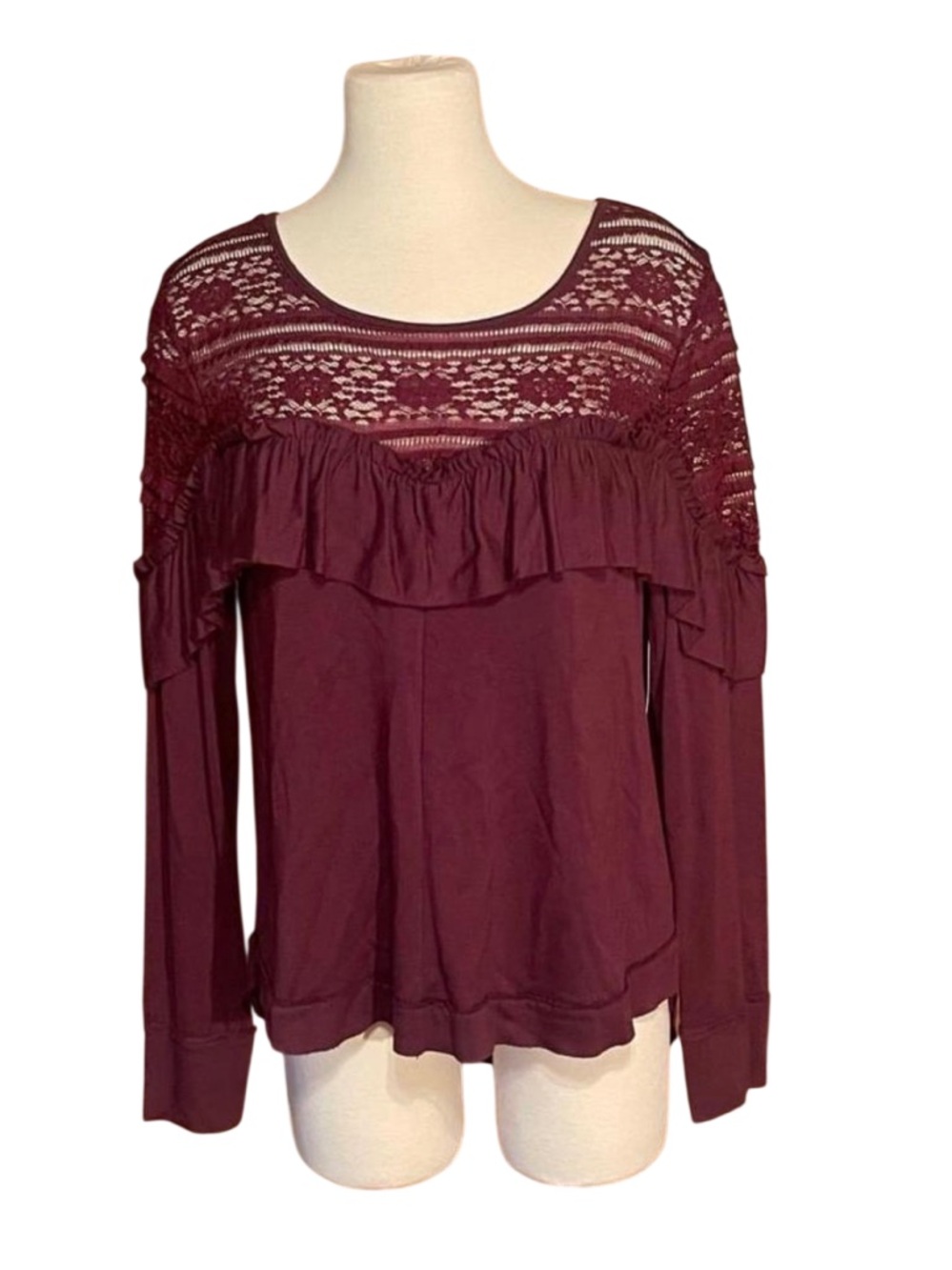 Women's Melrose and Market Burgundy Lace Yoke Ruffle Long-Sleeve Top